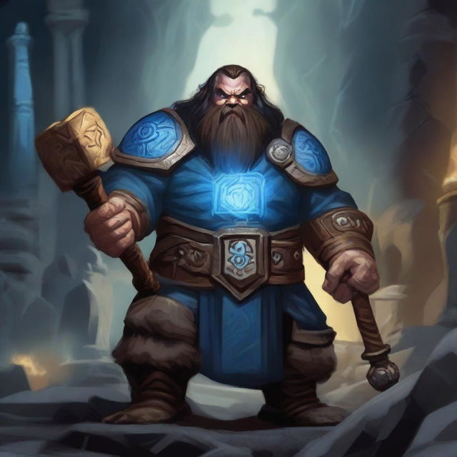 A dark-haired Dwarf with a blue rune symbol glowing on his chest, holding a massive warhammer