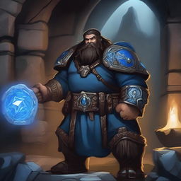 A dark-haired Dwarf with a blue rune symbol glowing on his chest, holding a massive warhammer