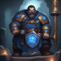 A dark-haired Dwarf with a blue rune symbol glowing on his chest, holding a massive warhammer