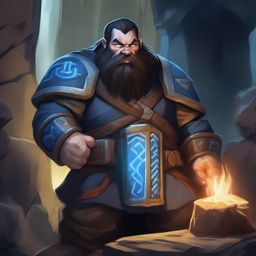 A dark-haired Dwarf with a blue rune symbol glowing on his chest, holding a massive warhammer