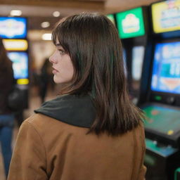 casual photograpy by kodak from the back, female , 23 year old with green eyes and black long hai with withe streaks in the bangs, brown jacket.,freckles, playing arcade video games, medium distance shot, high detailed, 4k hd,  --styerw--v 5.2 ar 2-3