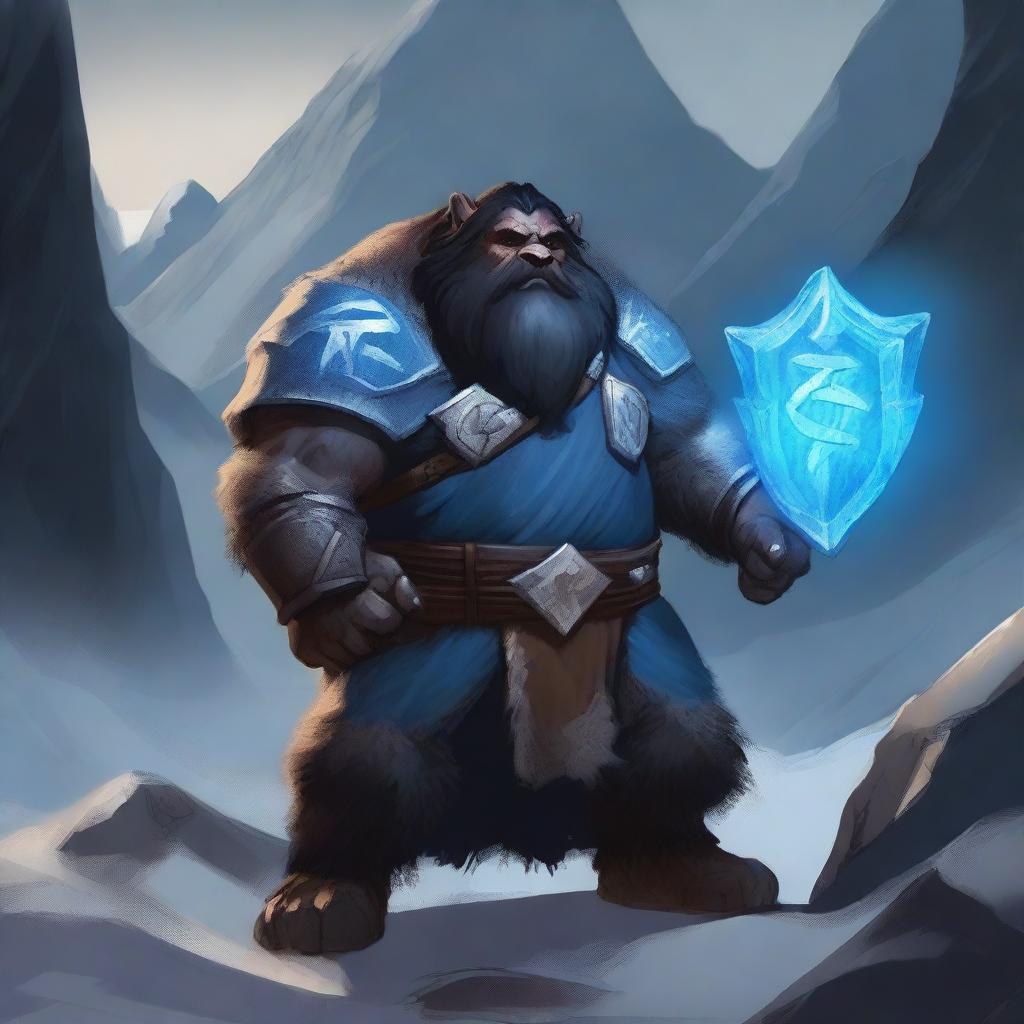 A dark-haired Dwarf with a blue rune symbol glowing on his chest, holding a massive warhammer