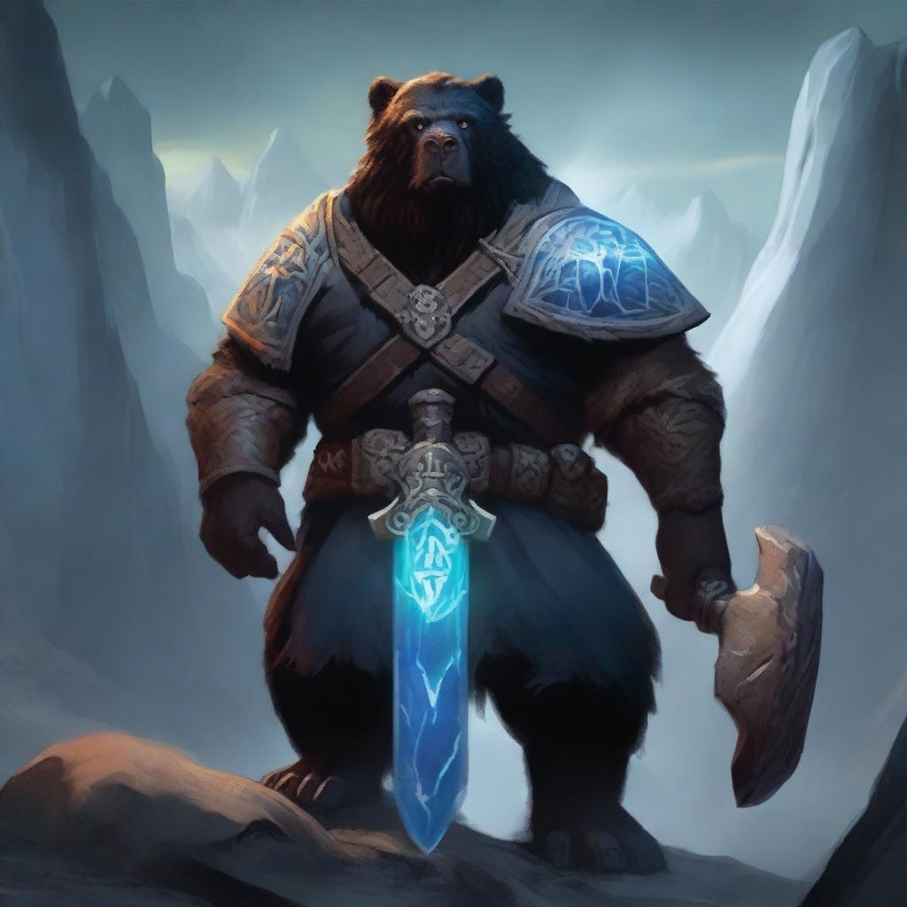 A dark-haired Dwarf with a blue rune symbol glowing on his chest, holding a massive warhammer