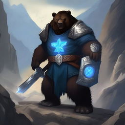 A dark-haired Dwarf with a blue rune symbol glowing on his chest, holding a massive warhammer