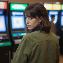 casual photograpy by kodak from the back, female , 23 year old with green eyes and black long hai with withe streaks in the bangs, brown jacket.,freckles, playing arcade video games, medium distance shot, high detailed, 4k hd,  --styerw--v 5.2 ar 2-3