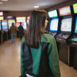 casual photograpy by kodak from the back, female , 23 year old with green eyes and black long hai with withe streaks in the bangs, brown jacket.,freckles, playing arcade video games, medium distance shot, high detailed, 4k hd,  --styerw--v 5.2 ar 2-3