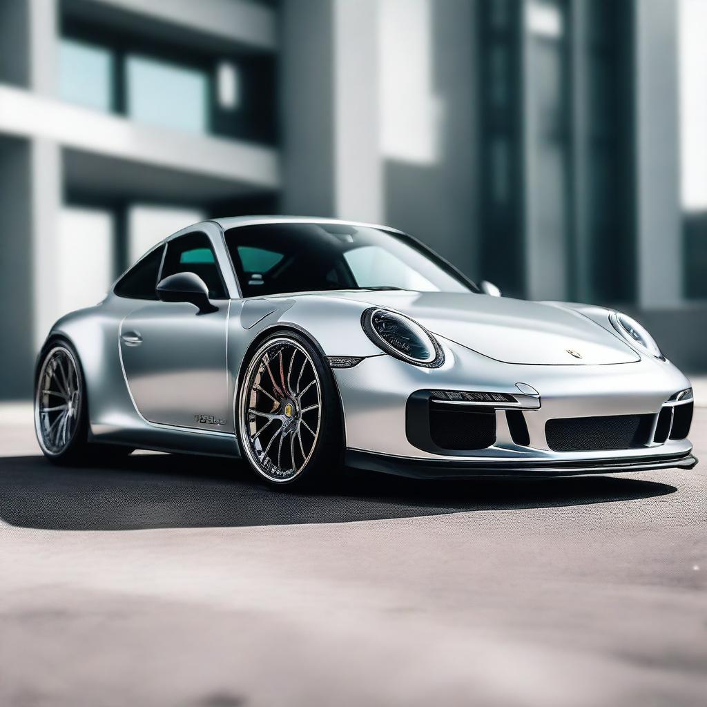 A highly detailed image of a Porsche 911 Carrera S in silver, modified with a RWB (RAUH-Welt Begriff) wide-body kit