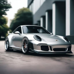 A highly detailed image of a Porsche 911 Carrera S in silver, modified with a RWB (RAUH-Welt Begriff) wide-body kit