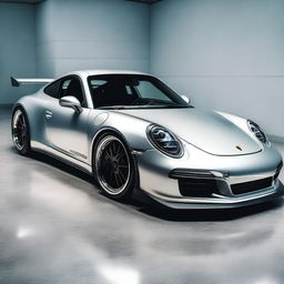 A highly detailed image of a Porsche 911 Carrera S in silver, modified with a RWB (RAUH-Welt Begriff) wide-body kit