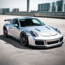 A highly detailed image of a Porsche 911 Carrera S in silver, modified with a RWB (RAUH-Welt Begriff) wide-body kit