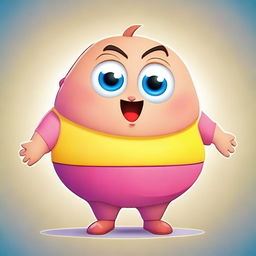 A cute and chubby cartoon character with a round face and big eyes, standing in a playful pose