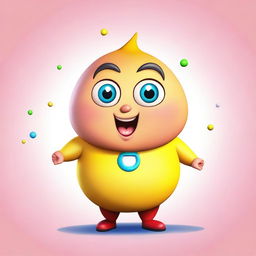 A cute and chubby cartoon character with a round face and big eyes, standing in a playful pose