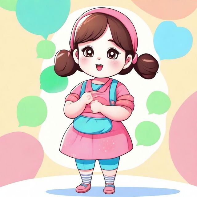 A cute and chubby girl with a round face and big eyes, standing in a playful pose