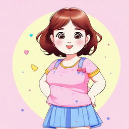 A cute and chubby girl with a round face and big eyes, standing in a playful pose