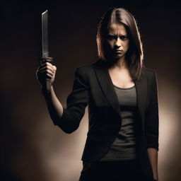 A determined woman standing tall with a fierce expression, holding a symbolic object of revenge