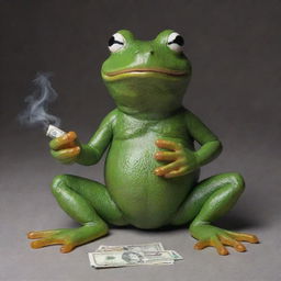 A quirky, monadic frog humorously smoking a roll of money, primarily using the colors #5FEDDF and #200052.