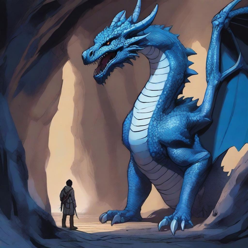 A large blue dragon having a conversation with a human inside a vast cave with a floor made of bones