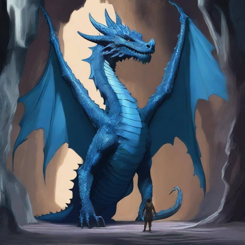 A large blue dragon having a conversation with a human inside a vast cave with a floor made of bones