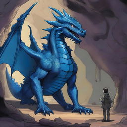 A large blue dragon having a conversation with a human inside a vast cave with a floor made of bones