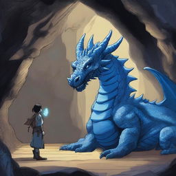 A large blue dragon having a conversation with a human inside a vast cave with a floor made of bones