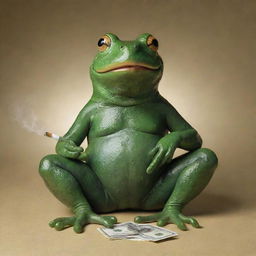 A quirky, monadic frog humorously smoking a roll of money, primarily using the colors #5FEDDF and #200052.