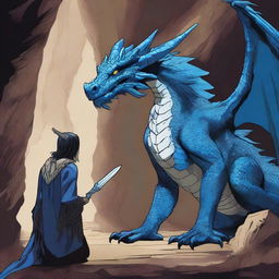 A large, ancient blue dragon having a conversation with a human inside a vast cave with a floor made of bones