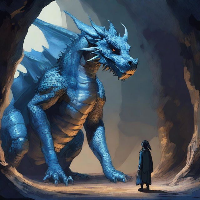 A large, ancient blue dragon having a conversation with a human inside a vast cave with a floor made of bones