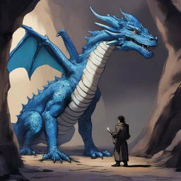 A large, ancient blue dragon having a conversation with a human inside a vast cave with a floor made of bones