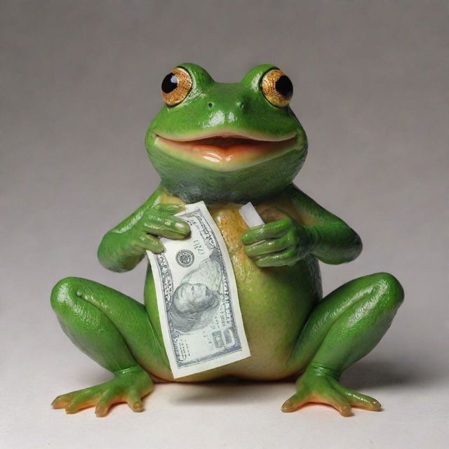 A quirky, monadic frog humorously smoking a roll of money, primarily using the colors #5FEDDF and #200052.