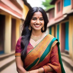 A beautiful Indian woman with traditional attire, smiling warmly