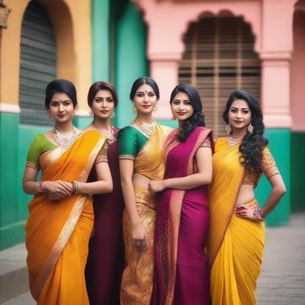 A group of young Indian women dressed in modern and traditional attire, posing confidently