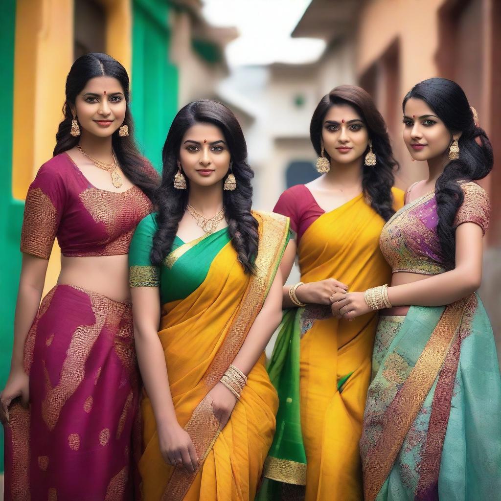 A group of young Indian women dressed in modern and traditional attire, posing confidently