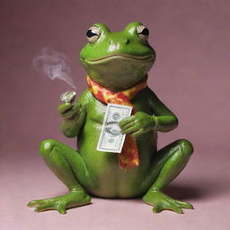 A quirky, monadic frog humorously smoking a roll of money, primarily using the colors #5FEDDF and #200052.