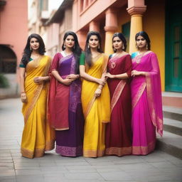 A group of young Indian women dressed in modern and traditional attire, posing confidently