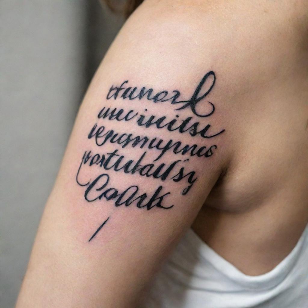 Design an expressive black ink tattoo featuring a powerful Biblical quote written in an elegant script.