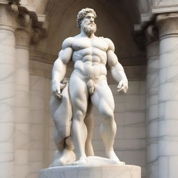 A detailed white marble statue of Hercules, the ancient Greek hero, wearing a crown