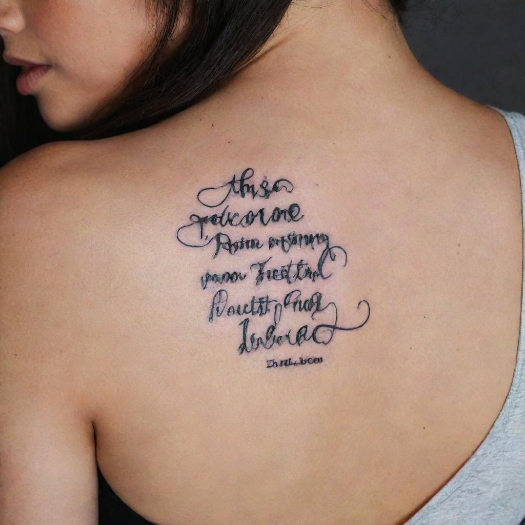 Design an expressive black ink tattoo featuring a powerful Biblical quote written in an elegant script.