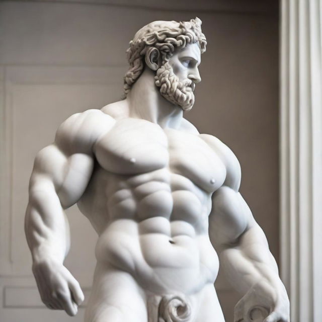 A detailed white marble statue of Hercules, the ancient Greek hero, wearing a crown