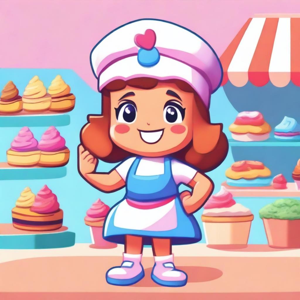 Create a Brawl Stars character named Babo, a girl who is part of a bake sale in Retropolis