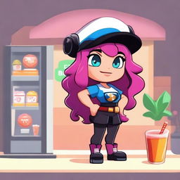 Create an image of a Brawl Stars character named Lydia, who is a paw girl working at a boba shop