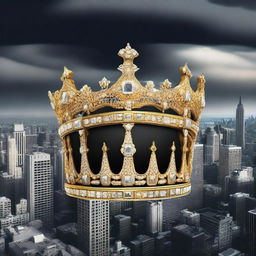 A majestic golden crown set against a black sky, with a cityscape in the background