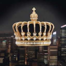 A majestic golden crown set against a black sky, with a cityscape in the background