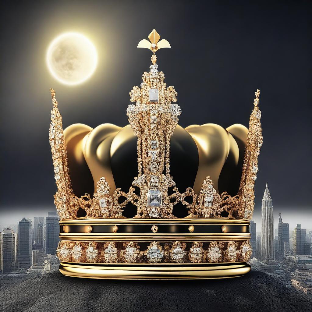 A majestic golden crown set against a black sky, with a cityscape in the background