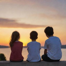 An image depicting a young boy and girl watching a sunset. Another boy is there as well, but his attention is on the girl rather than the beautiful sunset.