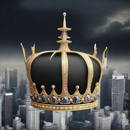 A majestic golden crown set against a black sky, with a cityscape in the background