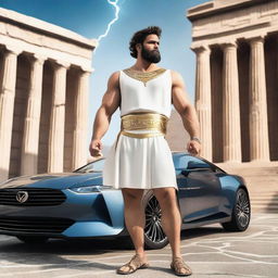 A majestic Greek god standing next to a modern car, with ancient Greek architecture in the background