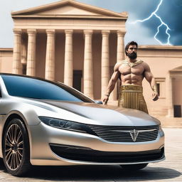 A majestic Greek god standing next to a modern car, with ancient Greek architecture in the background