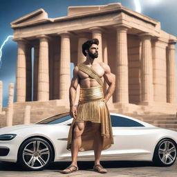 A majestic Greek god standing next to a modern car, with ancient Greek architecture in the background