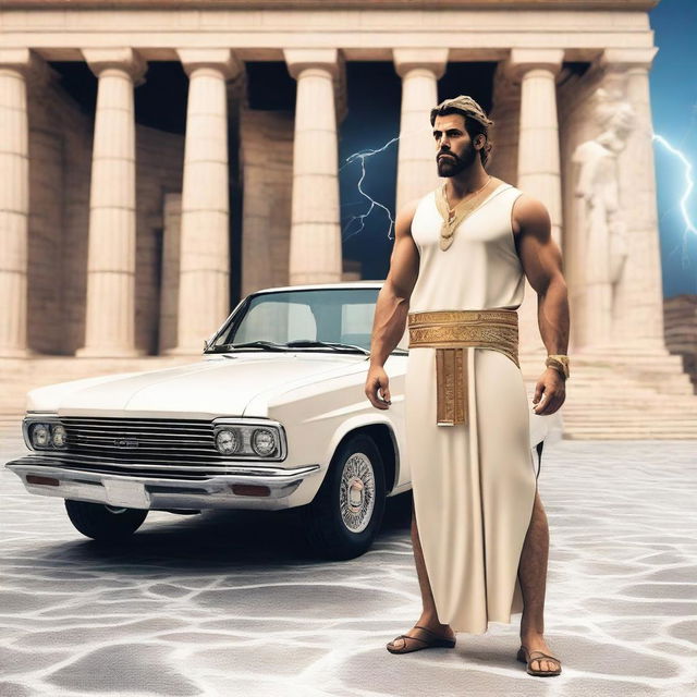 A majestic Greek god standing next to a modern car, with ancient Greek architecture in the background