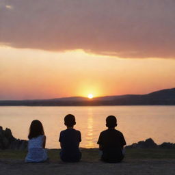 An image depicting a young boy and girl watching a sunset. Another boy is there as well, but his attention is on the girl rather than the beautiful sunset.